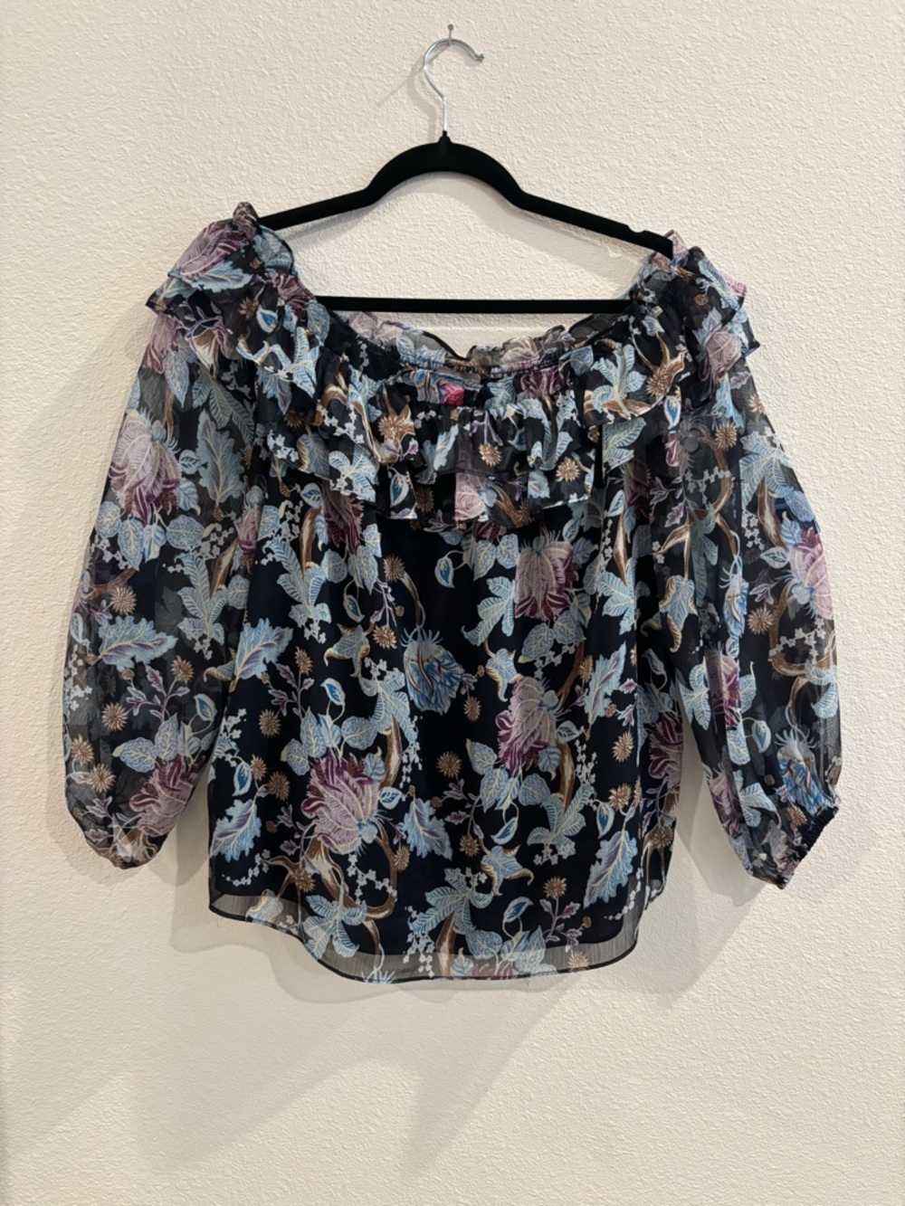 Vince Camuto Navy Sheer Off-Shoulder Blouse with Blue & Lavender Floral
